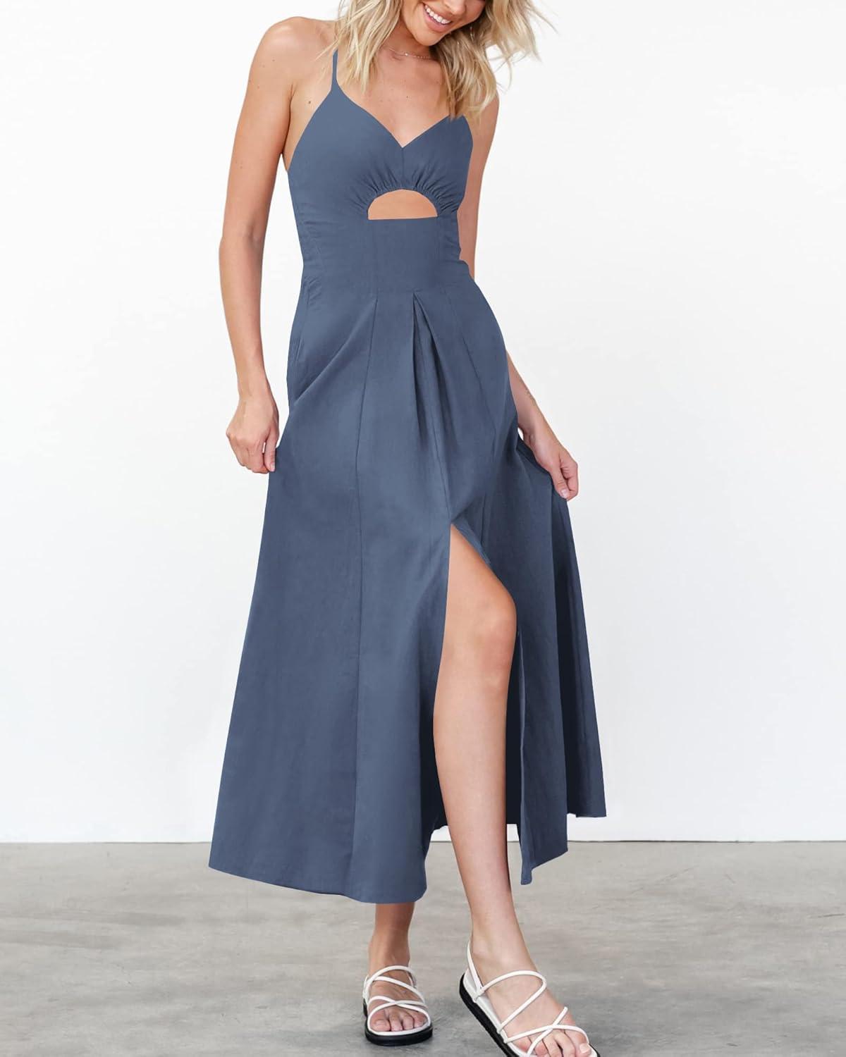 imageBTFBM Women 2026 Spaghetti Strap Midi Summer Dresses Sleeveless V Neck Cutout Slit Casual Beach Party Maxi Dress PocketsDark Grey Blue