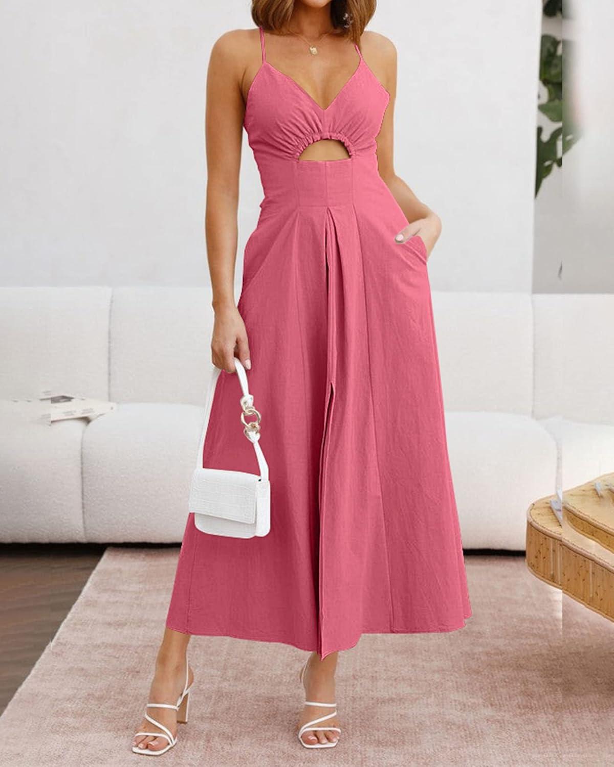 imageBTFBM Women 2026 Spaghetti Strap Midi Summer Dresses Sleeveless V Neck Cutout Slit Casual Beach Party Maxi Dress PocketsDark Pink
