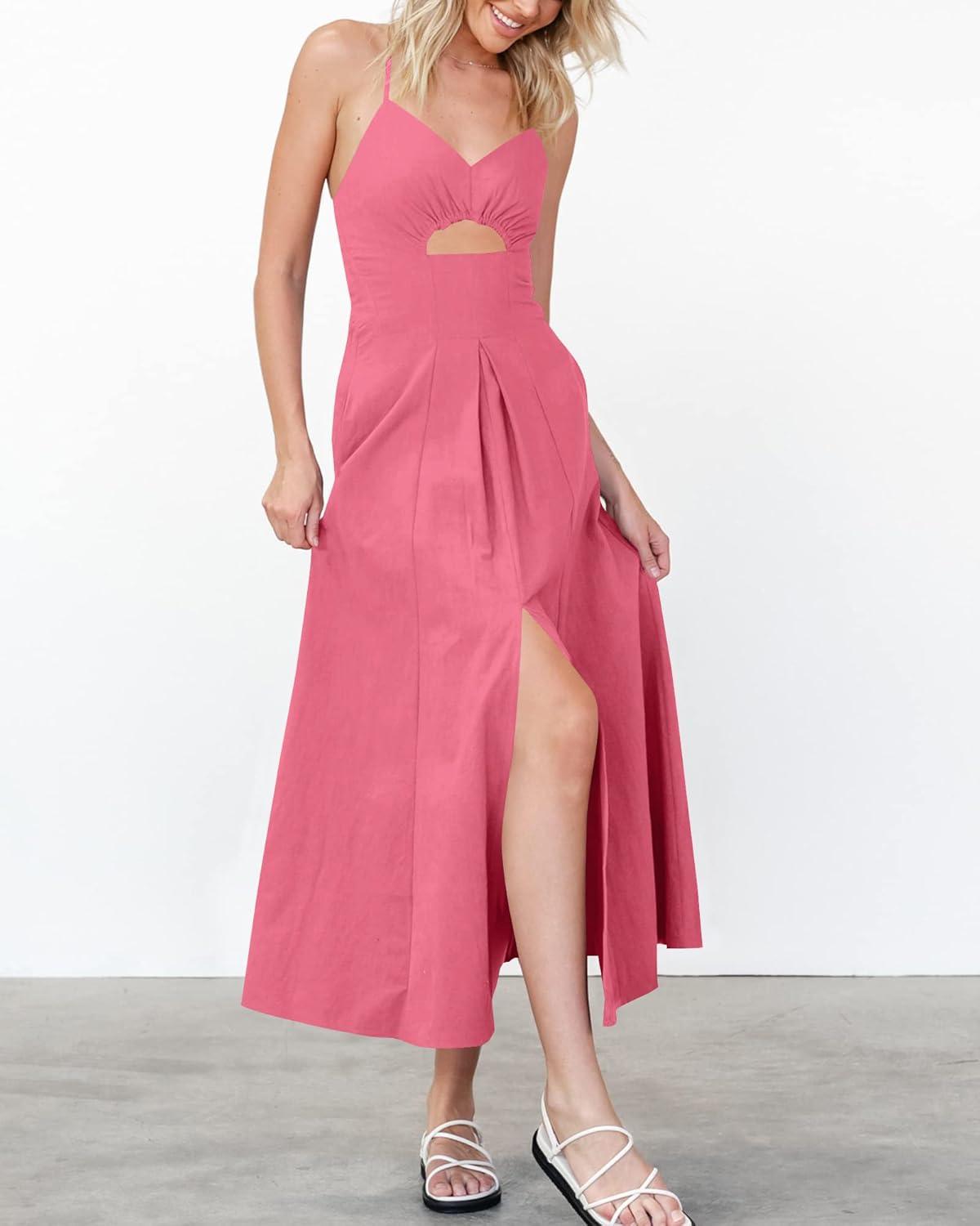 imageBTFBM Women 2026 Spaghetti Strap Midi Summer Dresses Sleeveless V Neck Cutout Slit Casual Beach Party Maxi Dress PocketsDark Pink