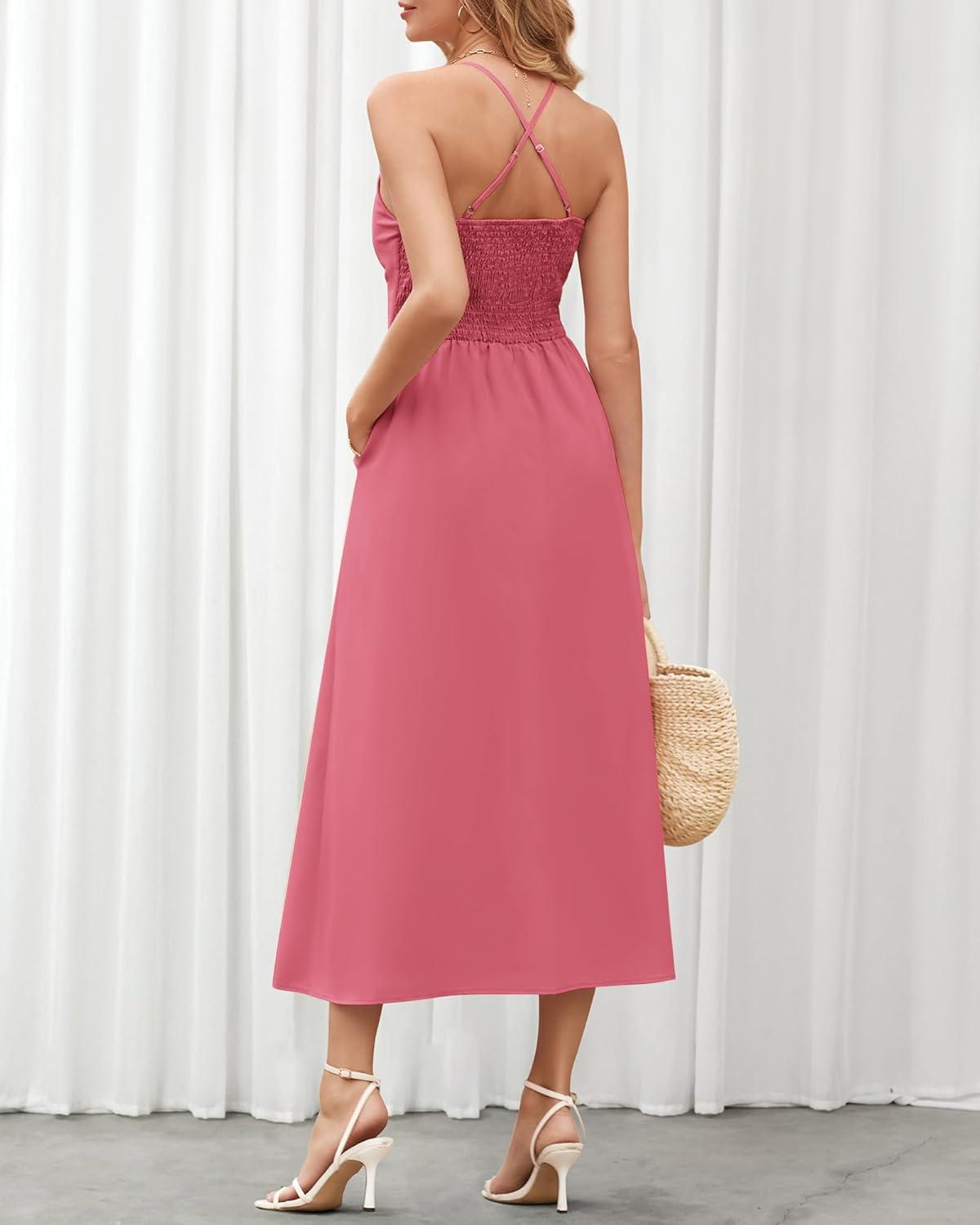 imageBTFBM Women 2026 Spaghetti Strap Midi Summer Dresses Sleeveless V Neck Cutout Slit Casual Beach Party Maxi Dress PocketsDark Pink