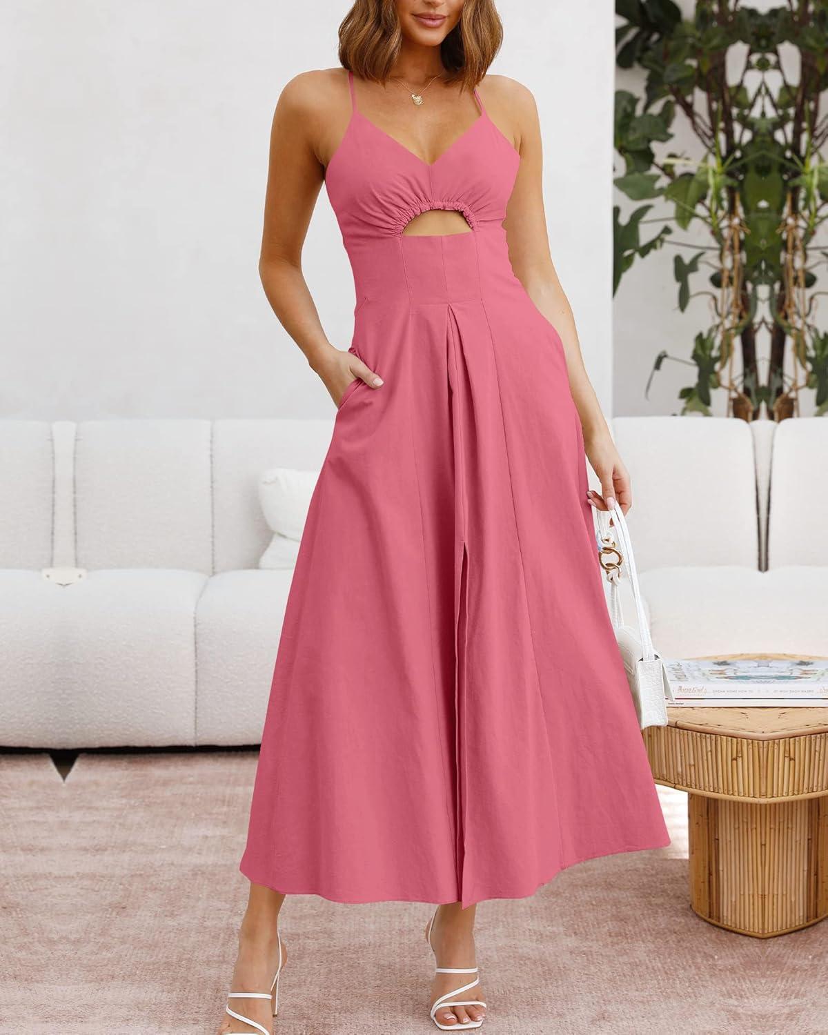 imageBTFBM Women 2026 Spaghetti Strap Midi Summer Dresses Sleeveless V Neck Cutout Slit Casual Beach Party Maxi Dress PocketsDark Pink