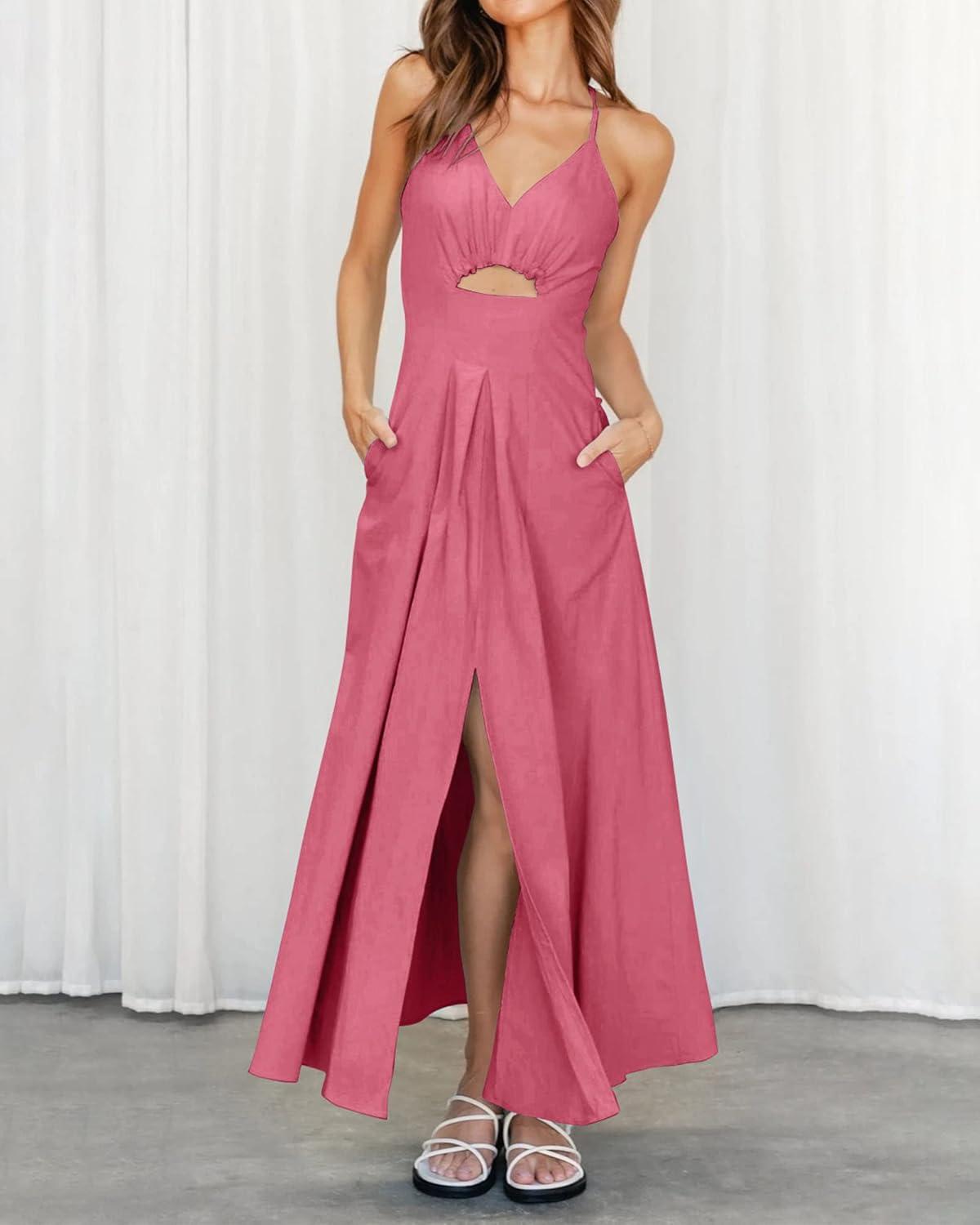 imageBTFBM Women 2026 Spaghetti Strap Midi Summer Dresses Sleeveless V Neck Cutout Slit Casual Beach Party Maxi Dress PocketsDark Pink