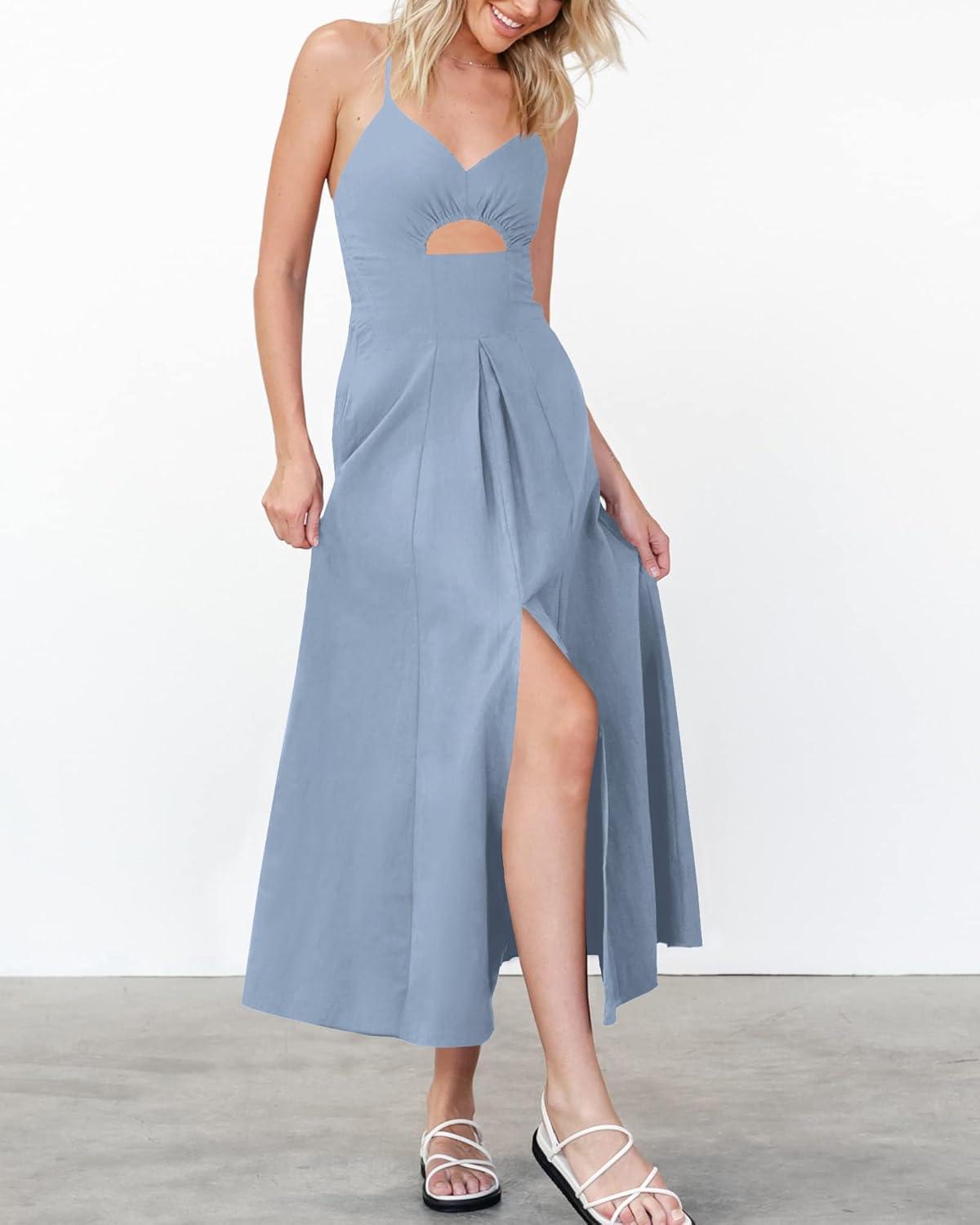 imageBTFBM Women 2026 Spaghetti Strap Midi Summer Dresses Sleeveless V Neck Cutout Slit Casual Beach Party Maxi Dress PocketsGrey Blue
