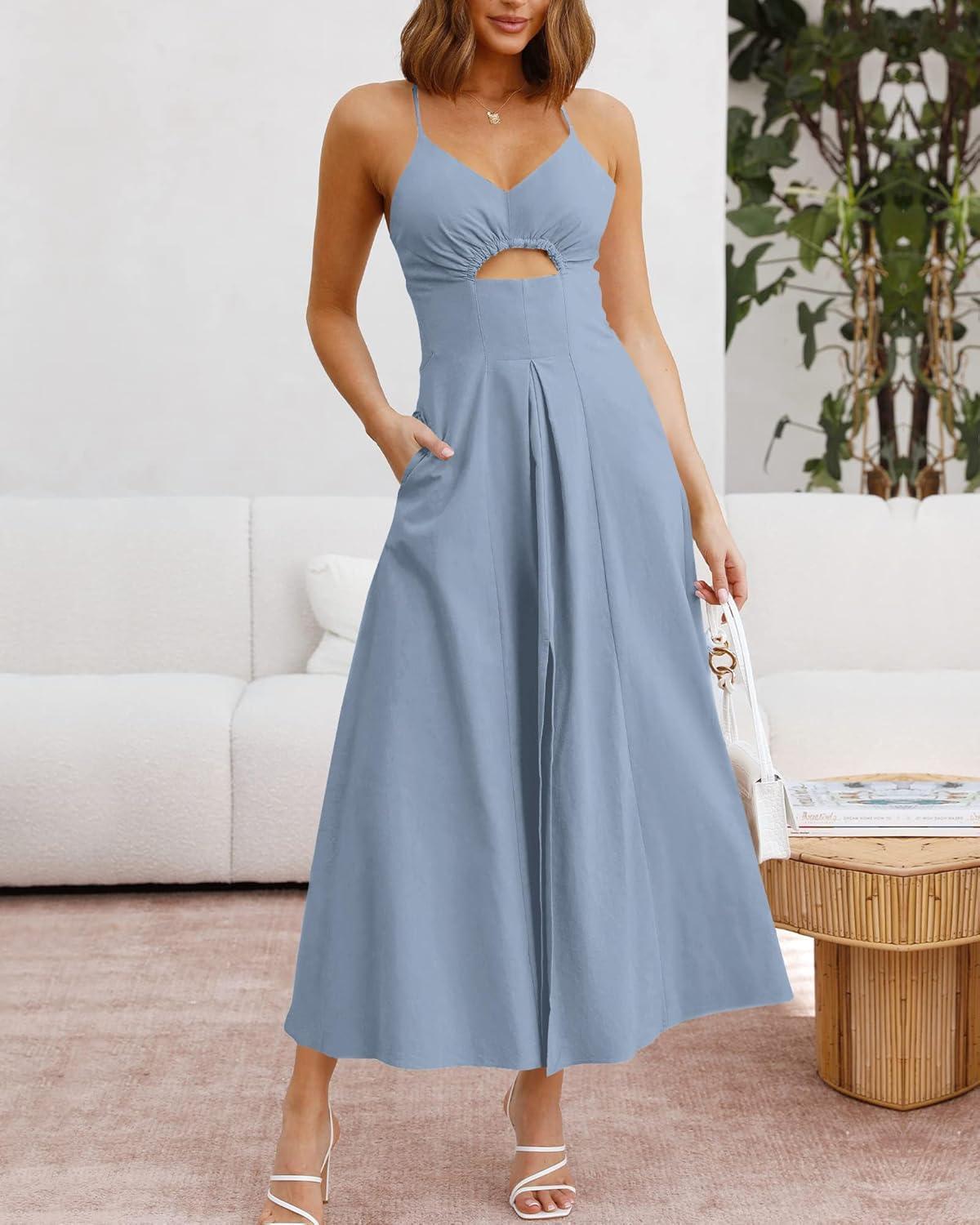 imageBTFBM Women 2026 Spaghetti Strap Midi Summer Dresses Sleeveless V Neck Cutout Slit Casual Beach Party Maxi Dress PocketsGrey Blue