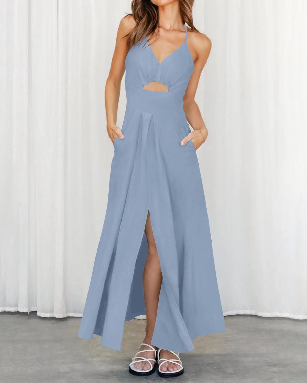 imageBTFBM Women 2026 Spaghetti Strap Midi Summer Dresses Sleeveless V Neck Cutout Slit Casual Beach Party Maxi Dress PocketsGrey Blue