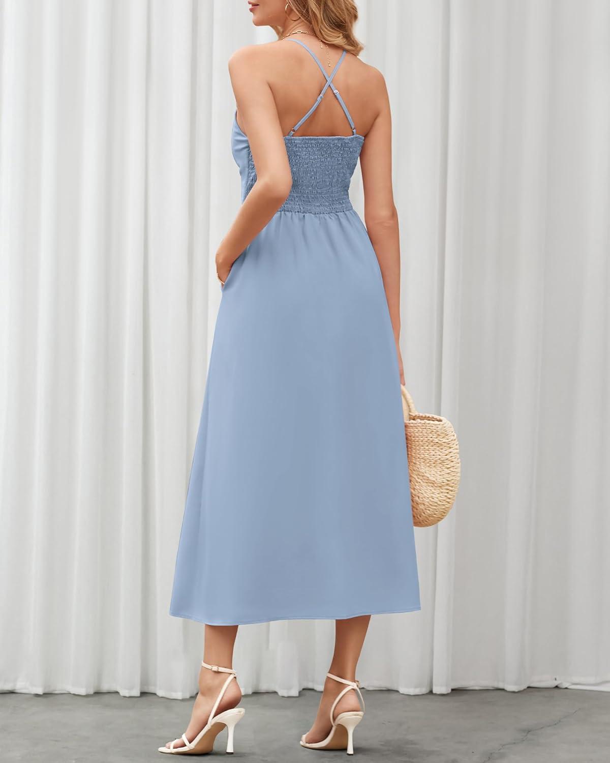 imageBTFBM Women 2026 Spaghetti Strap Midi Summer Dresses Sleeveless V Neck Cutout Slit Casual Beach Party Maxi Dress PocketsGrey Blue