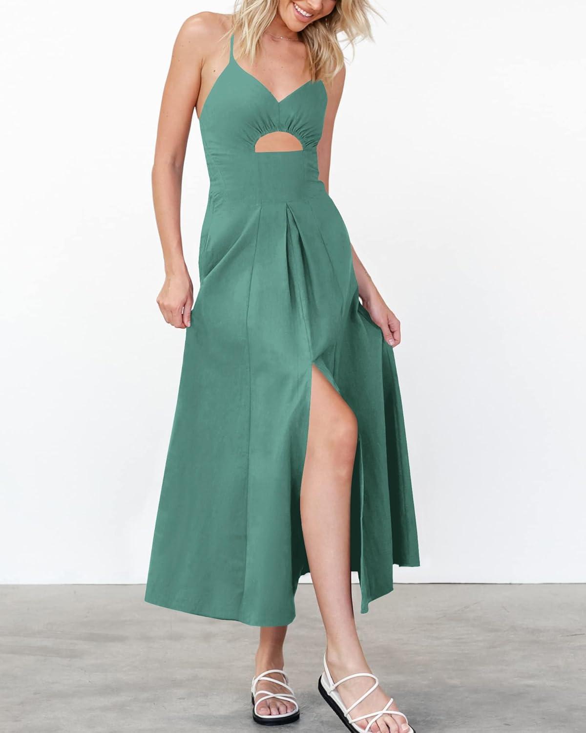 imageBTFBM Women 2026 Spaghetti Strap Midi Summer Dresses Sleeveless V Neck Cutout Slit Casual Beach Party Maxi Dress PocketsGrey Green