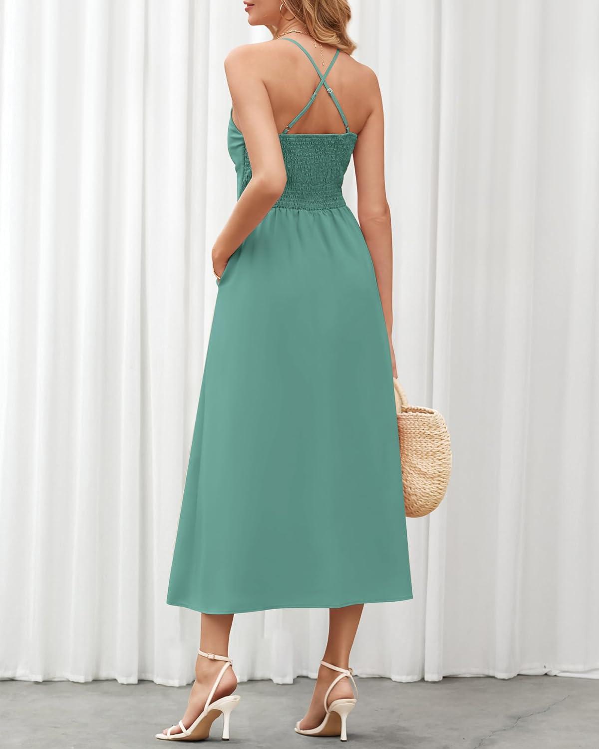 imageBTFBM Women 2026 Spaghetti Strap Midi Summer Dresses Sleeveless V Neck Cutout Slit Casual Beach Party Maxi Dress PocketsGrey Green