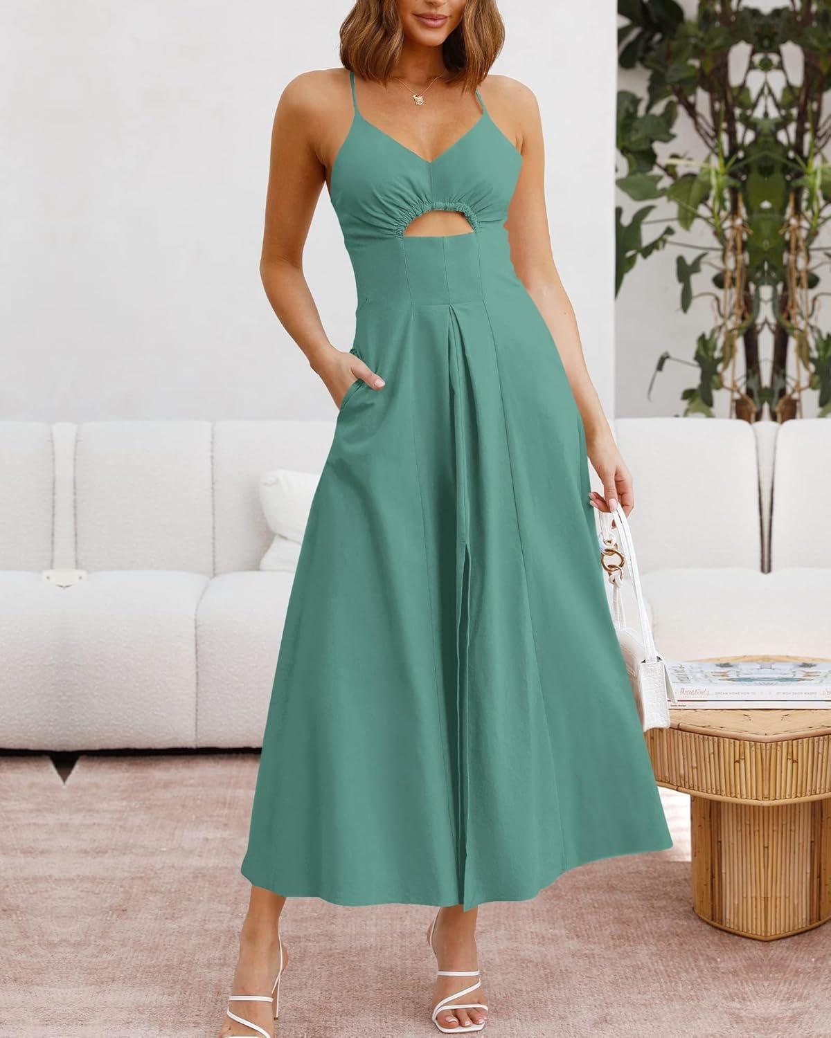 imageBTFBM Women 2026 Spaghetti Strap Midi Summer Dresses Sleeveless V Neck Cutout Slit Casual Beach Party Maxi Dress PocketsGrey Green