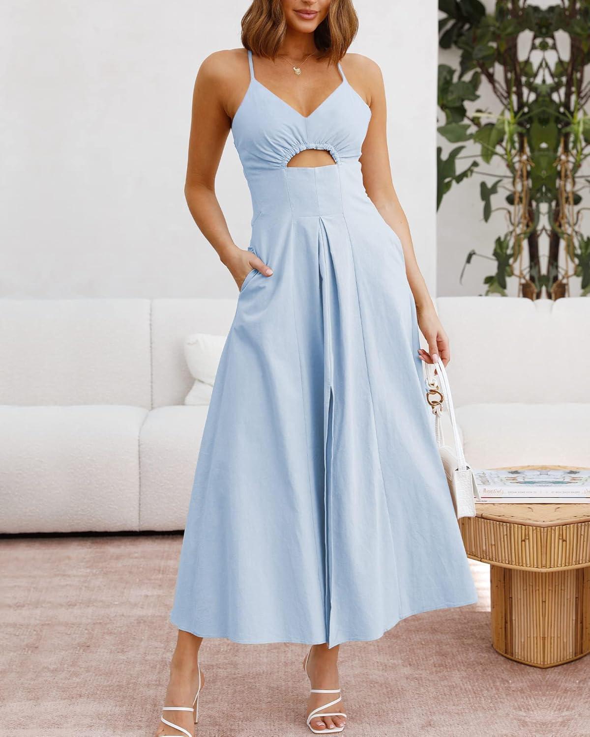 imageBTFBM Women 2026 Spaghetti Strap Midi Summer Dresses Sleeveless V Neck Cutout Slit Casual Beach Party Maxi Dress PocketsLight Blue