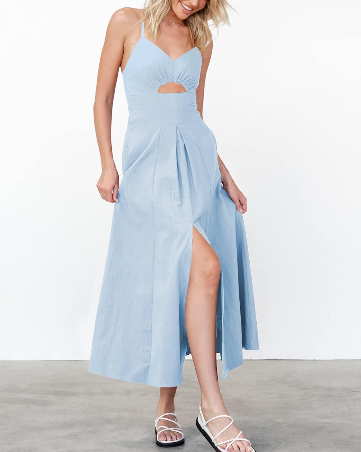 imageBTFBM Women 2026 Spaghetti Strap Midi Summer Dresses Sleeveless V Neck Cutout Slit Casual Beach Party Maxi Dress PocketsLight Blue