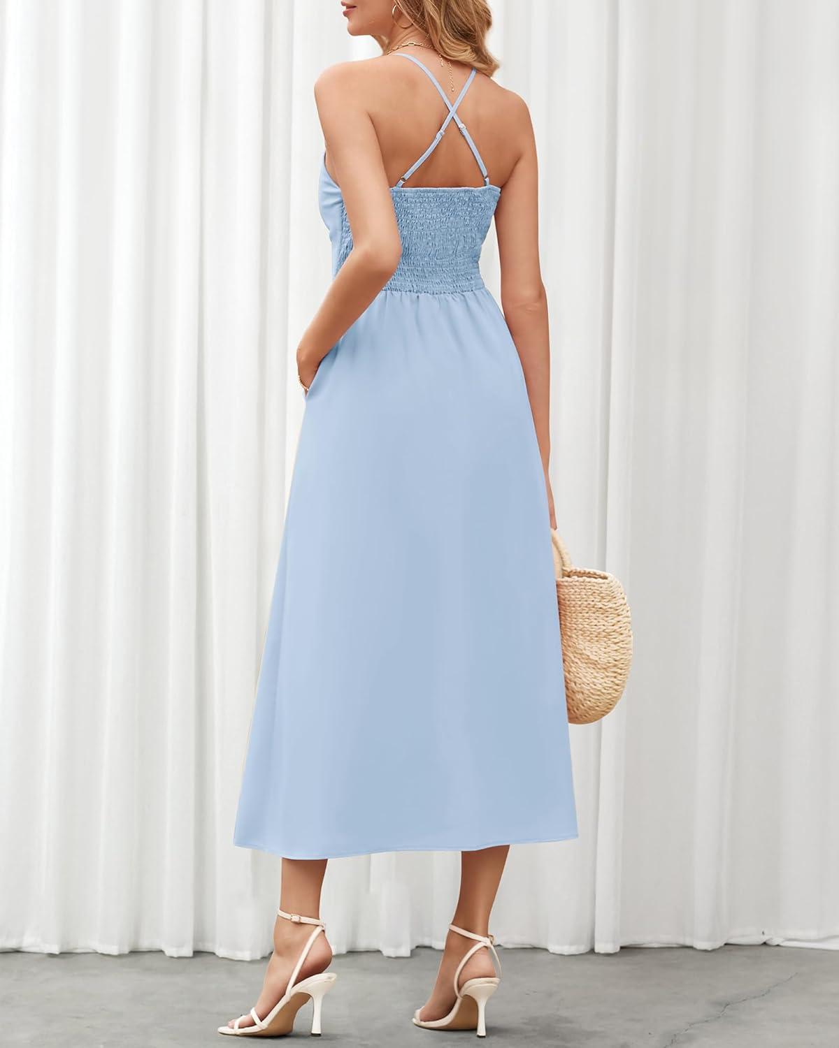 imageBTFBM Women 2026 Spaghetti Strap Midi Summer Dresses Sleeveless V Neck Cutout Slit Casual Beach Party Maxi Dress PocketsLight Blue