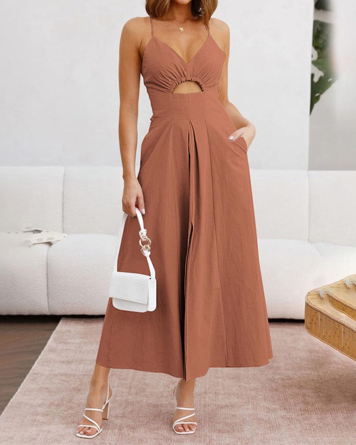 imageBTFBM Women 2026 Spaghetti Strap Midi Summer Dresses Sleeveless V Neck Cutout Slit Casual Beach Party Maxi Dress PocketsLight Brown