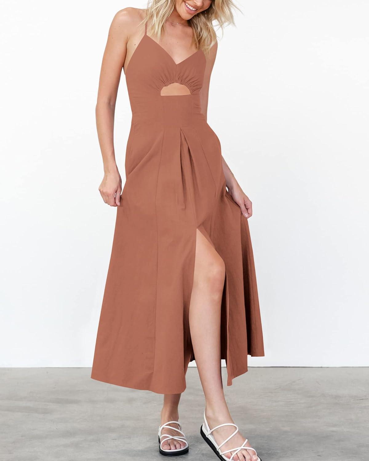 imageBTFBM Women 2026 Spaghetti Strap Midi Summer Dresses Sleeveless V Neck Cutout Slit Casual Beach Party Maxi Dress PocketsLight Brown
