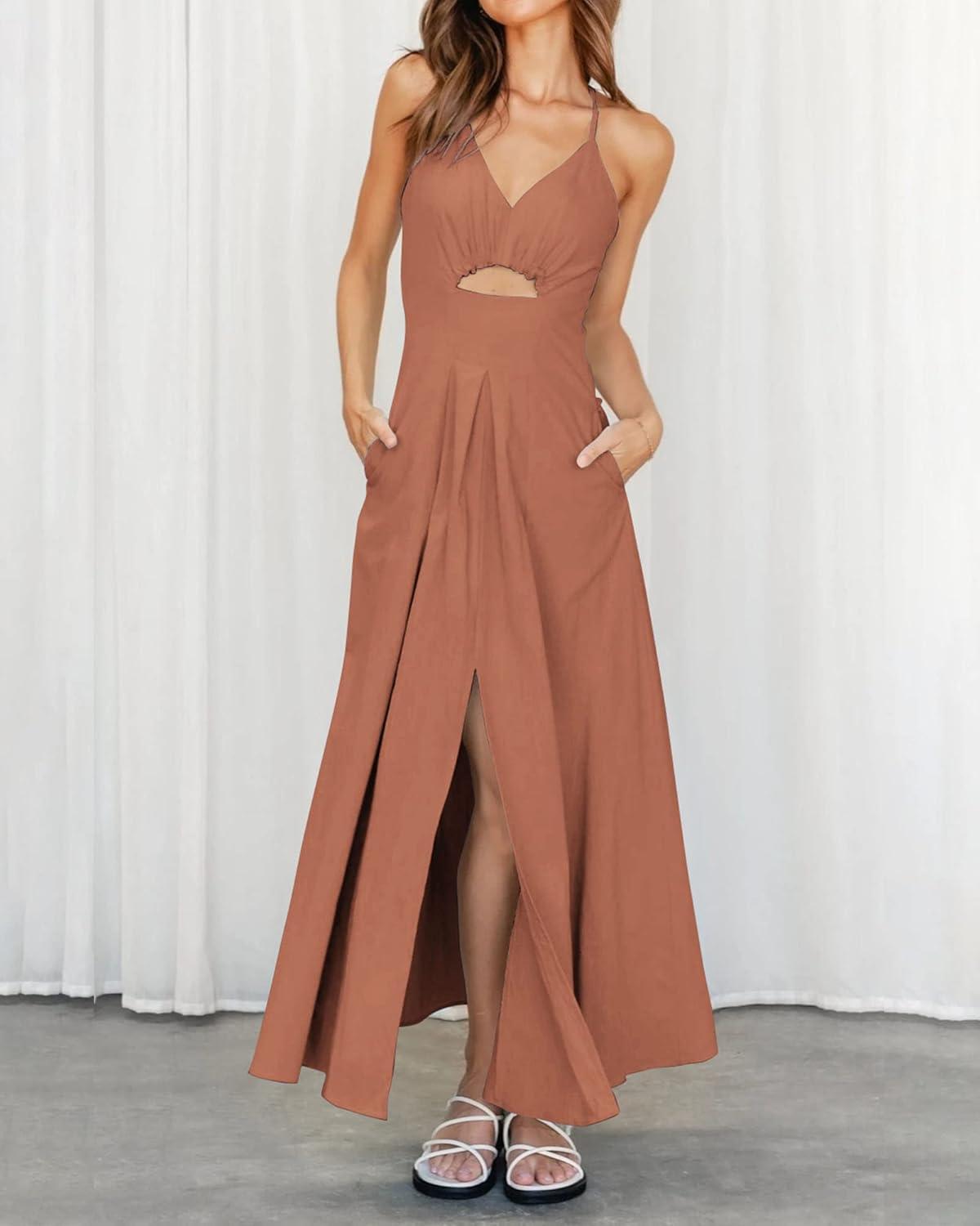 imageBTFBM Women 2026 Spaghetti Strap Midi Summer Dresses Sleeveless V Neck Cutout Slit Casual Beach Party Maxi Dress PocketsLight Brown