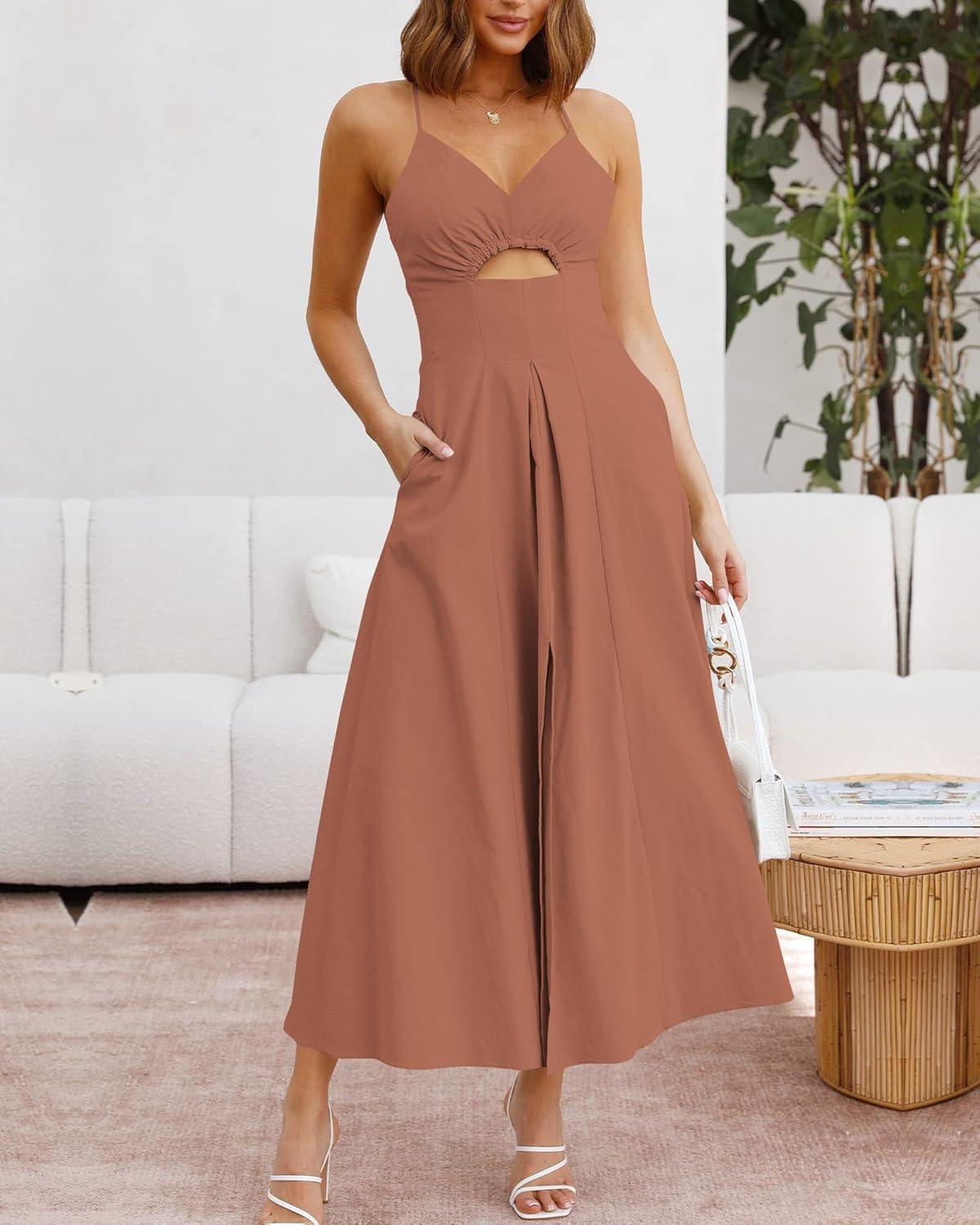 imageBTFBM Women 2026 Spaghetti Strap Midi Summer Dresses Sleeveless V Neck Cutout Slit Casual Beach Party Maxi Dress PocketsLight Brown