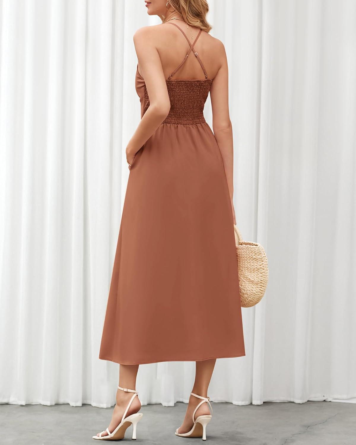 imageBTFBM Women 2026 Spaghetti Strap Midi Summer Dresses Sleeveless V Neck Cutout Slit Casual Beach Party Maxi Dress PocketsLight Brown