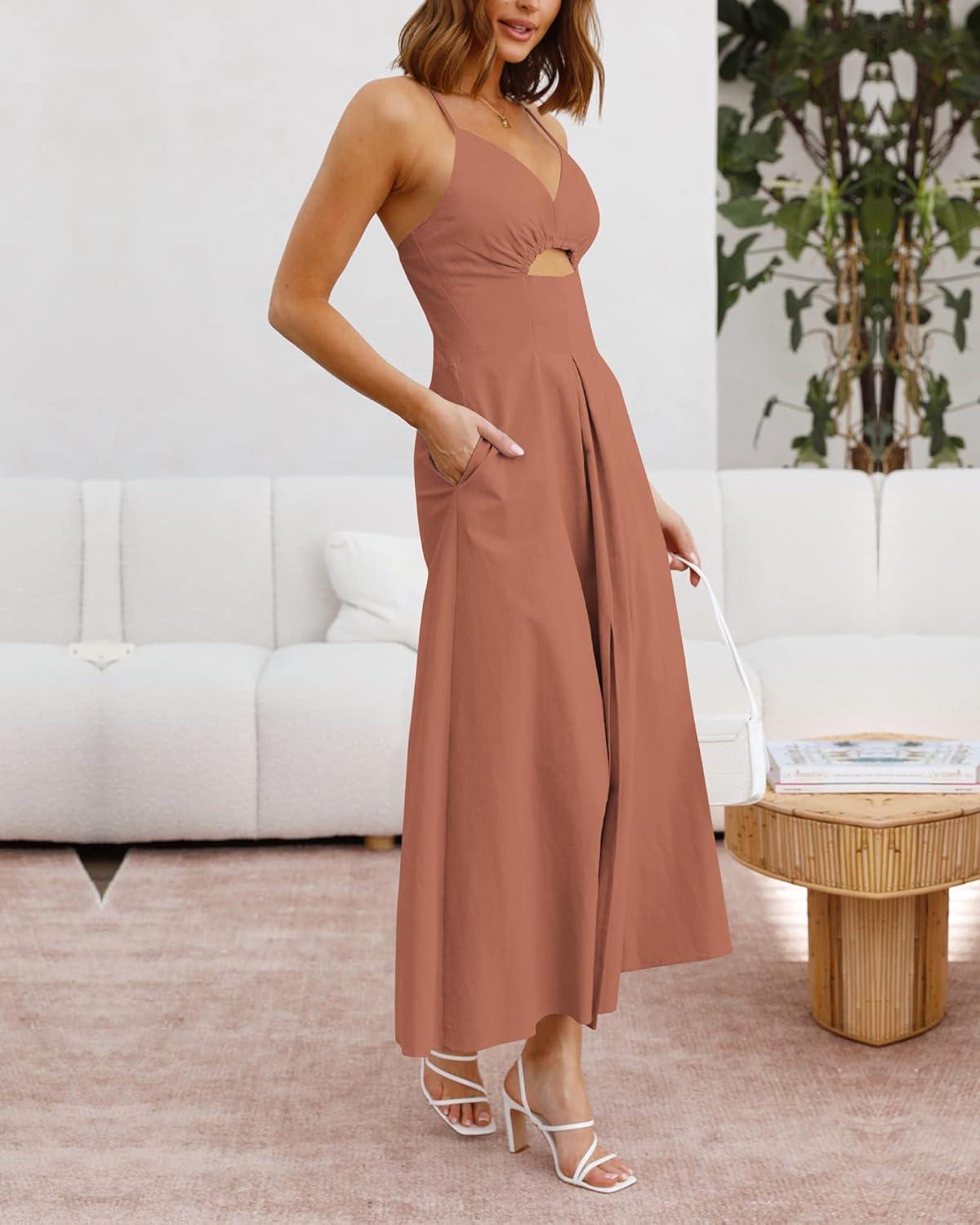imageBTFBM Women 2026 Spaghetti Strap Midi Summer Dresses Sleeveless V Neck Cutout Slit Casual Beach Party Maxi Dress PocketsLight Brown