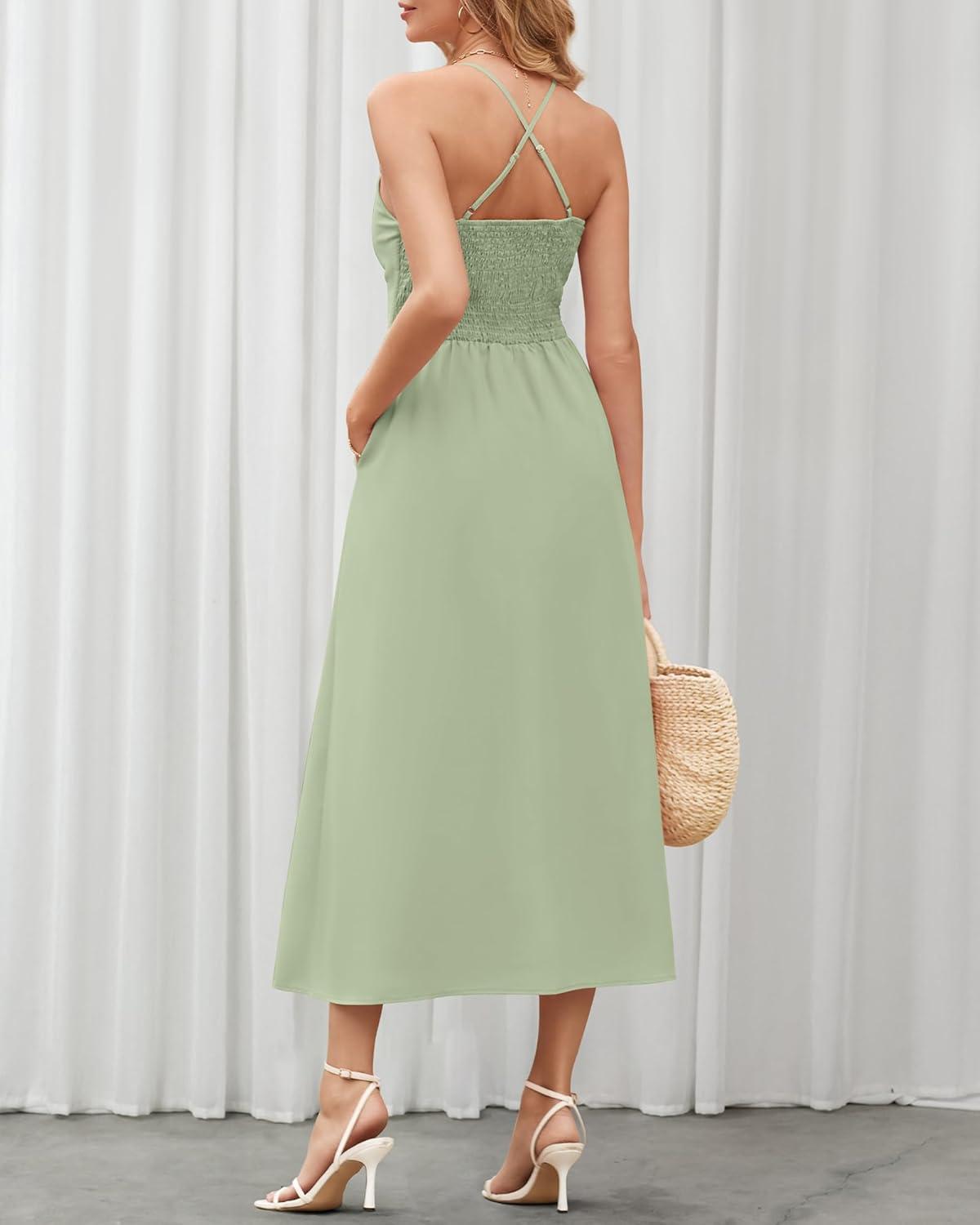 imageBTFBM Women 2026 Spaghetti Strap Midi Summer Dresses Sleeveless V Neck Cutout Slit Casual Beach Party Maxi Dress PocketsLight Green