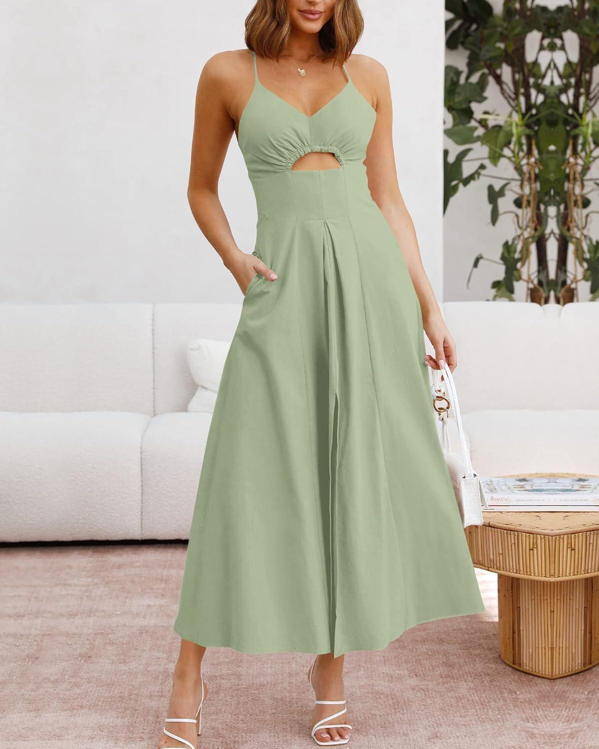 imageBTFBM Women 2026 Spaghetti Strap Midi Summer Dresses Sleeveless V Neck Cutout Slit Casual Beach Party Maxi Dress PocketsLight Green