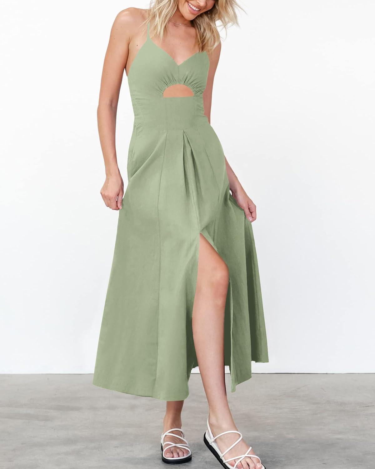 imageBTFBM Women 2026 Spaghetti Strap Midi Summer Dresses Sleeveless V Neck Cutout Slit Casual Beach Party Maxi Dress PocketsLight Green