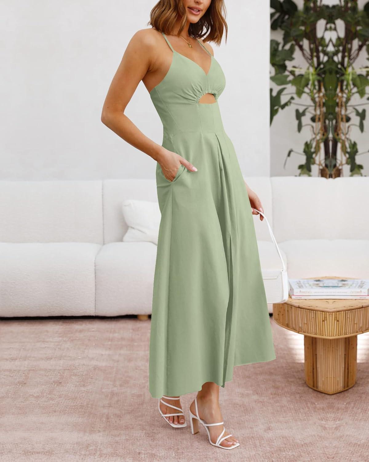 imageBTFBM Women 2026 Spaghetti Strap Midi Summer Dresses Sleeveless V Neck Cutout Slit Casual Beach Party Maxi Dress PocketsLight Green
