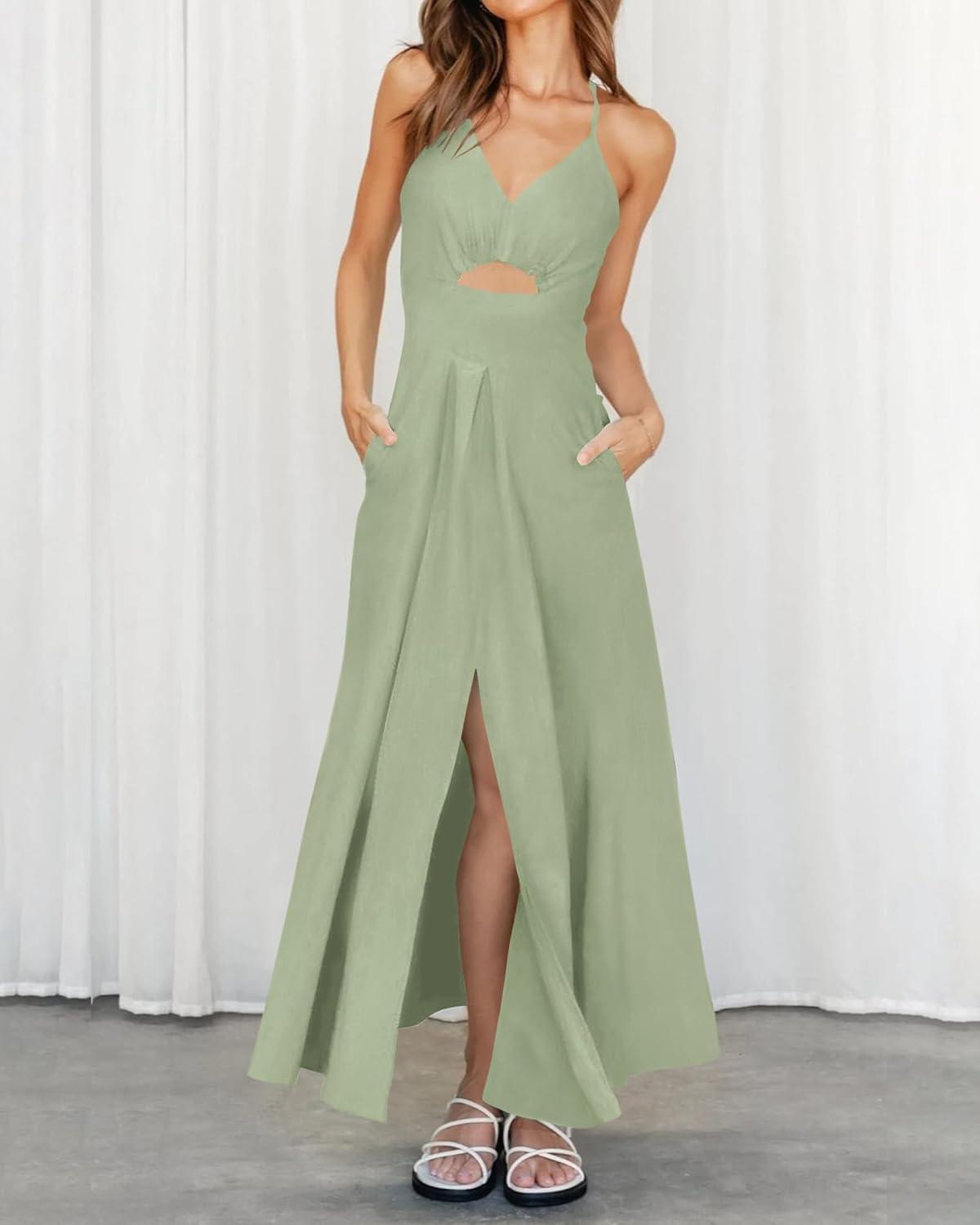 imageBTFBM Women 2026 Spaghetti Strap Midi Summer Dresses Sleeveless V Neck Cutout Slit Casual Beach Party Maxi Dress PocketsLight Green