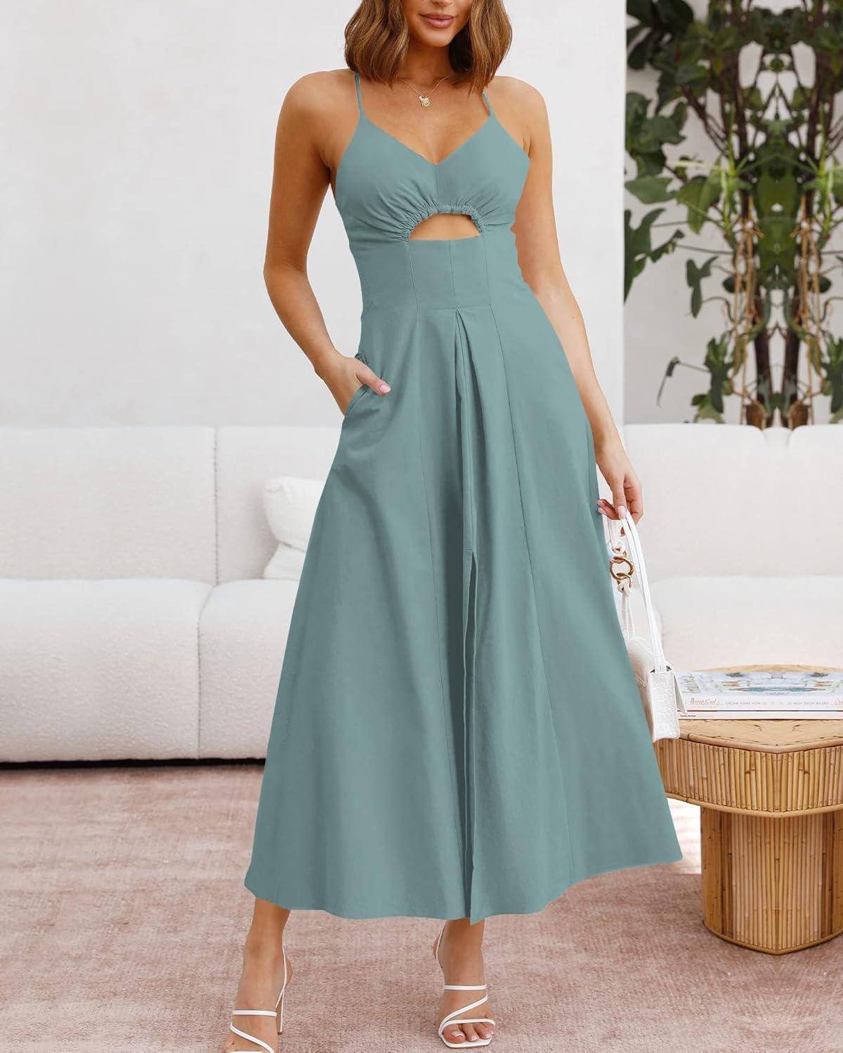 imageBTFBM Women 2026 Spaghetti Strap Midi Summer Dresses Sleeveless V Neck Cutout Slit Casual Beach Party Maxi Dress PocketsLight Lake Blue