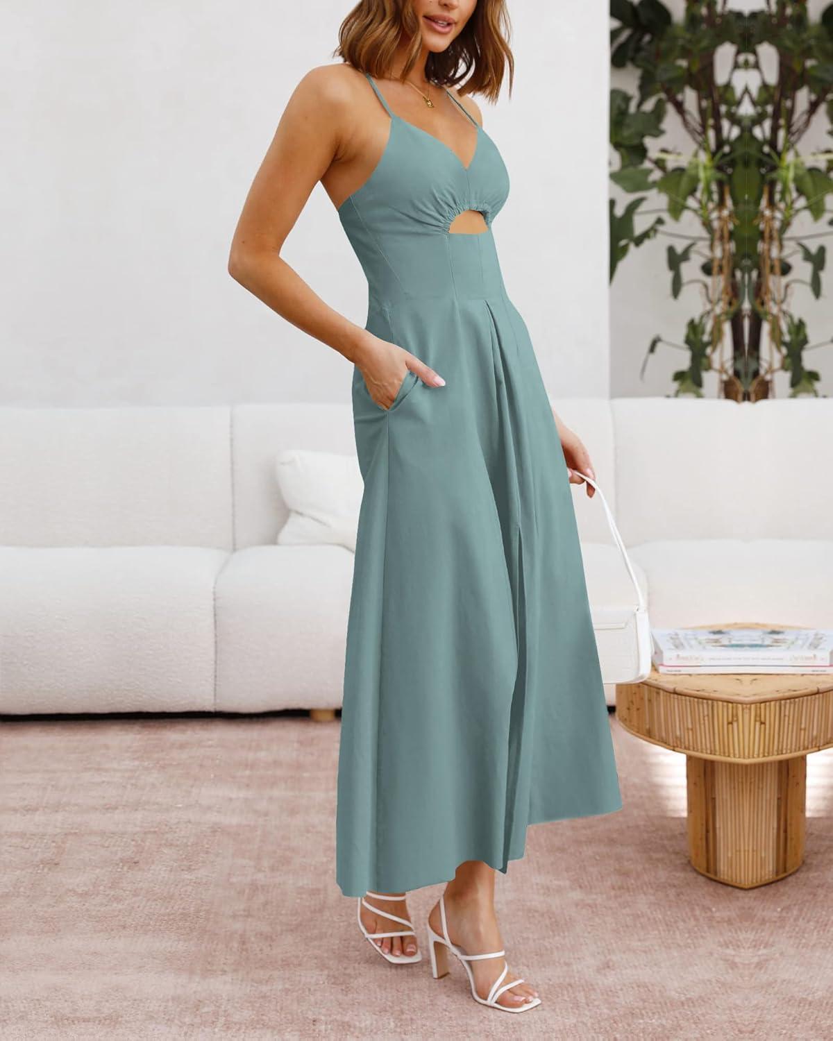 imageBTFBM Women 2026 Spaghetti Strap Midi Summer Dresses Sleeveless V Neck Cutout Slit Casual Beach Party Maxi Dress PocketsLight Lake Blue
