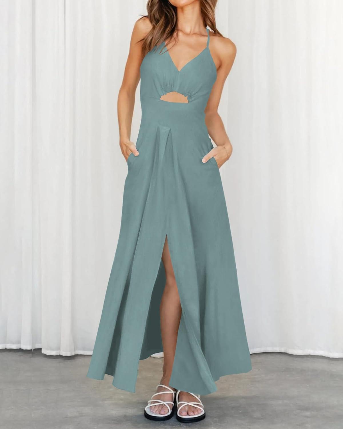 imageBTFBM Women 2026 Spaghetti Strap Midi Summer Dresses Sleeveless V Neck Cutout Slit Casual Beach Party Maxi Dress PocketsLight Lake Blue