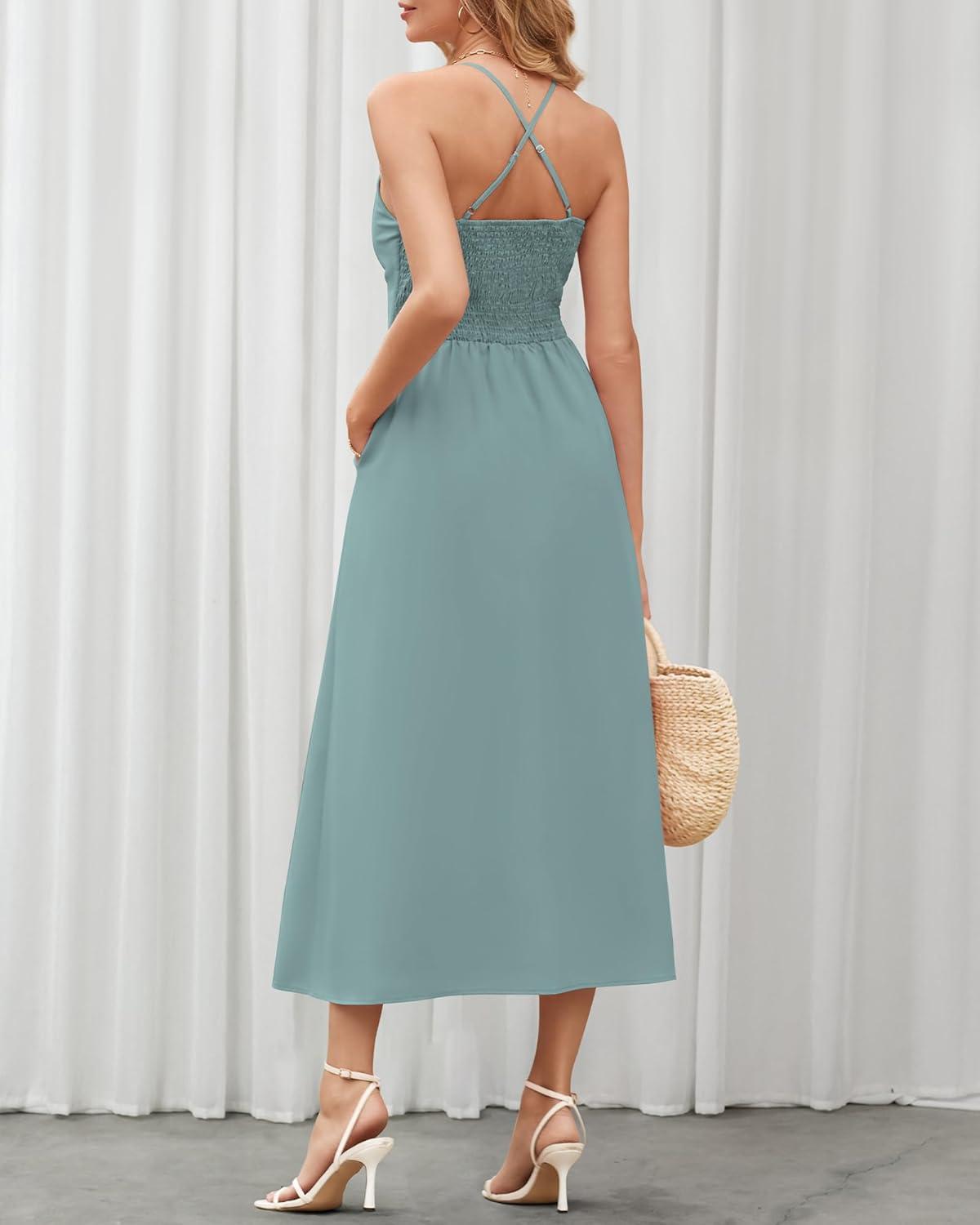 imageBTFBM Women 2026 Spaghetti Strap Midi Summer Dresses Sleeveless V Neck Cutout Slit Casual Beach Party Maxi Dress PocketsLight Lake Blue