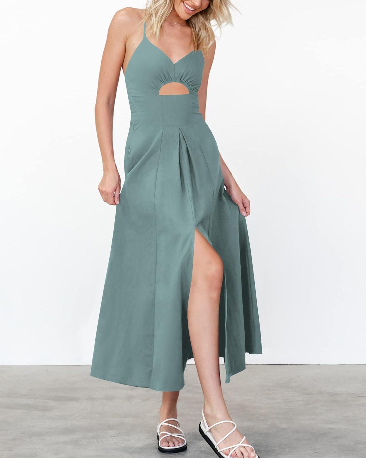 imageBTFBM Women 2026 Spaghetti Strap Midi Summer Dresses Sleeveless V Neck Cutout Slit Casual Beach Party Maxi Dress PocketsLight Lake Blue