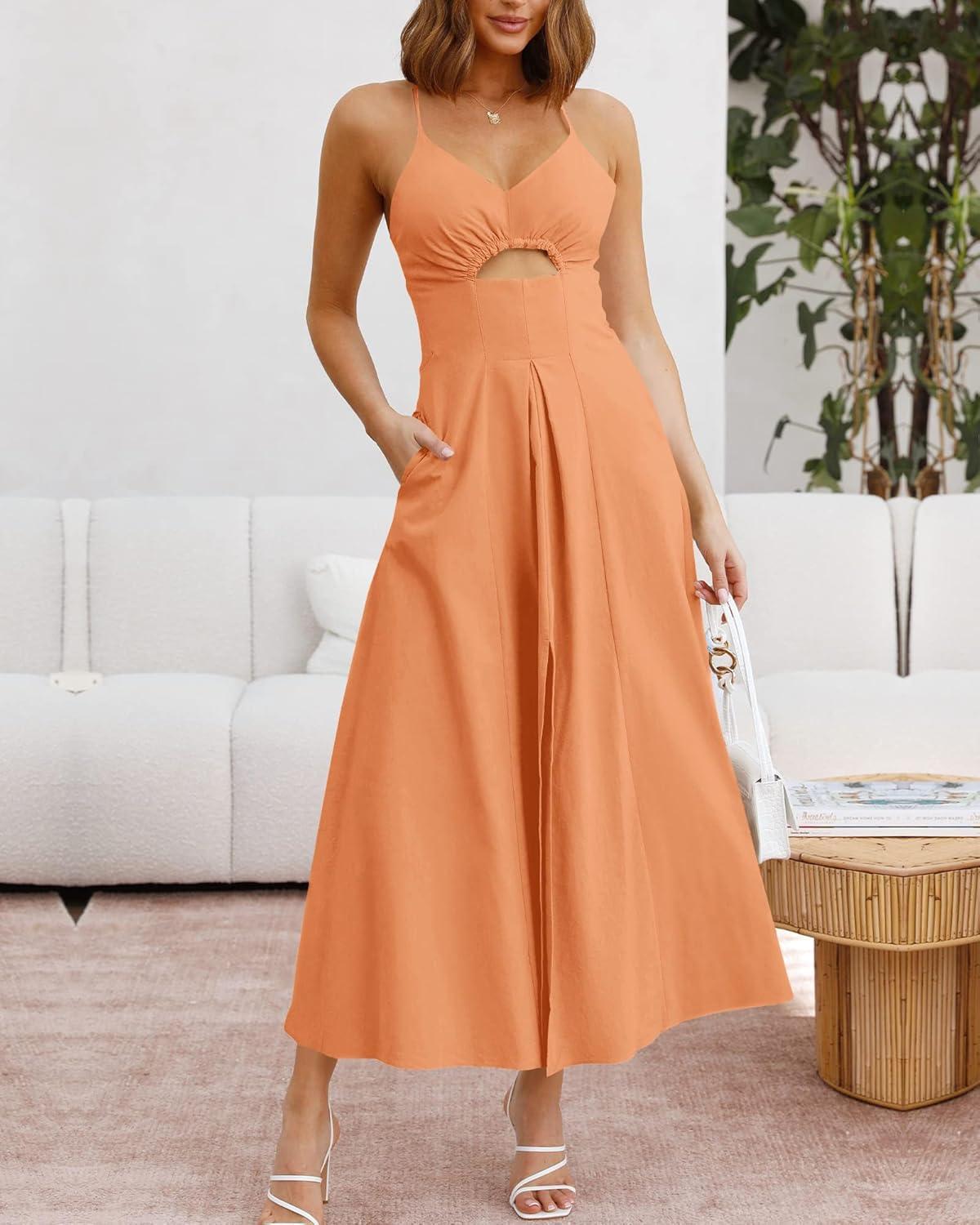 imageBTFBM Women 2026 Spaghetti Strap Midi Summer Dresses Sleeveless V Neck Cutout Slit Casual Beach Party Maxi Dress PocketsLight Orange