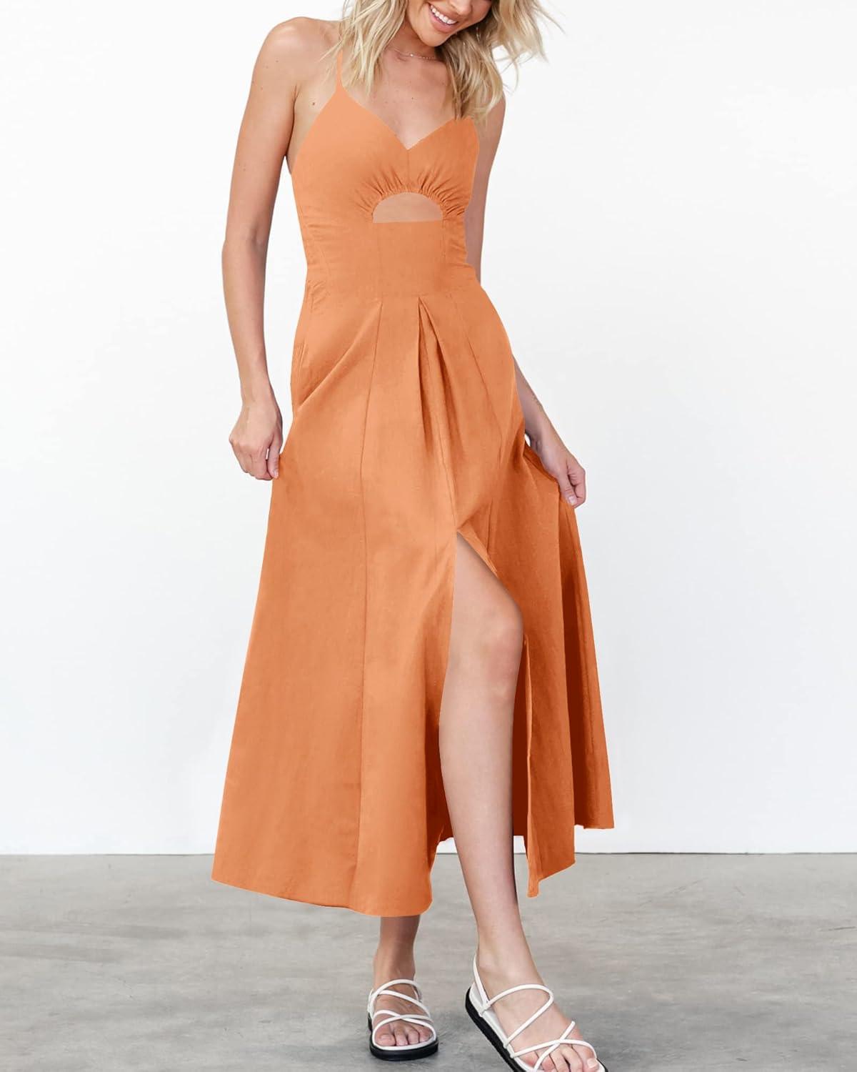 imageBTFBM Women 2026 Spaghetti Strap Midi Summer Dresses Sleeveless V Neck Cutout Slit Casual Beach Party Maxi Dress PocketsLight Orange