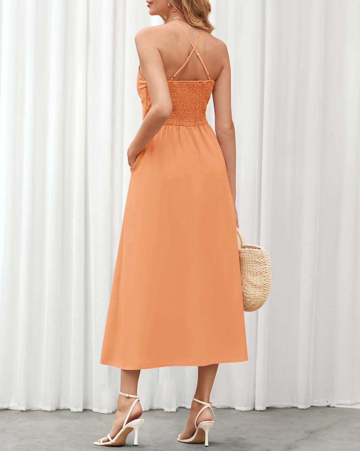 imageBTFBM Women 2026 Spaghetti Strap Midi Summer Dresses Sleeveless V Neck Cutout Slit Casual Beach Party Maxi Dress PocketsLight Orange