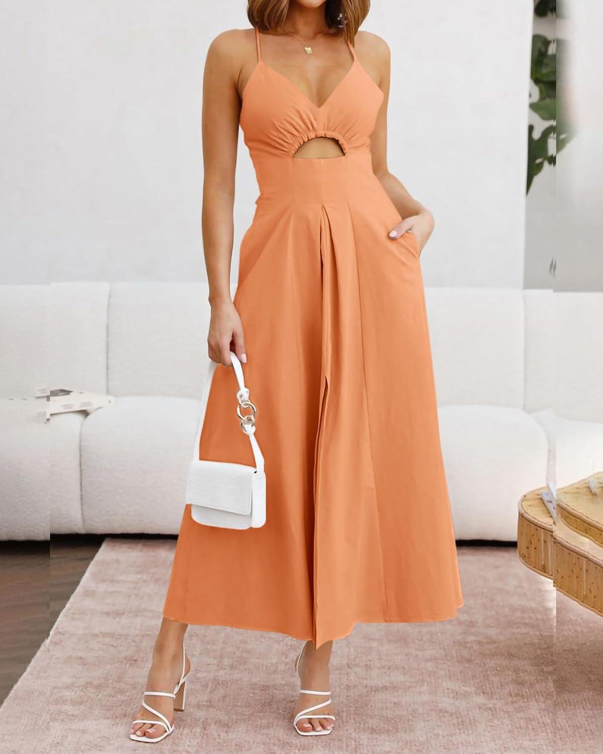 imageBTFBM Women 2026 Spaghetti Strap Midi Summer Dresses Sleeveless V Neck Cutout Slit Casual Beach Party Maxi Dress PocketsLight Orange