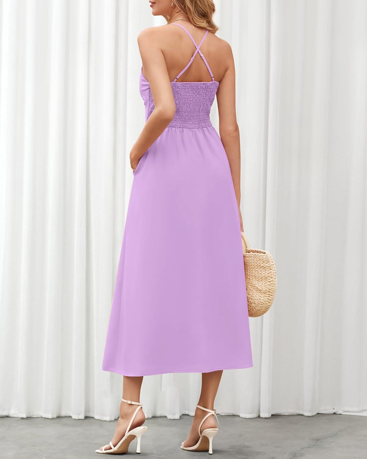 imageBTFBM Women 2026 Spaghetti Strap Midi Summer Dresses Sleeveless V Neck Cutout Slit Casual Beach Party Maxi Dress PocketsLight Purple