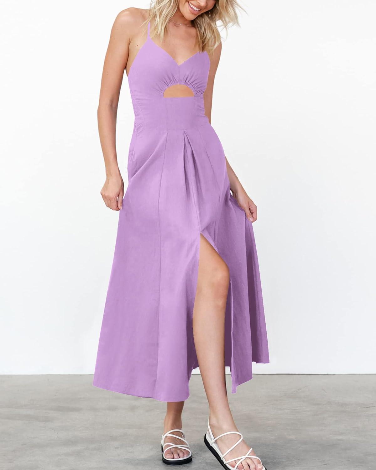 imageBTFBM Women 2026 Spaghetti Strap Midi Summer Dresses Sleeveless V Neck Cutout Slit Casual Beach Party Maxi Dress PocketsLight Purple