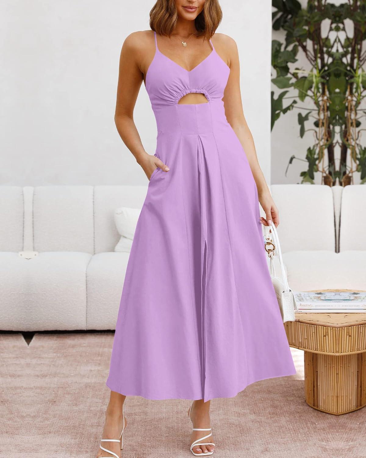 imageBTFBM Women 2026 Spaghetti Strap Midi Summer Dresses Sleeveless V Neck Cutout Slit Casual Beach Party Maxi Dress PocketsLight Purple