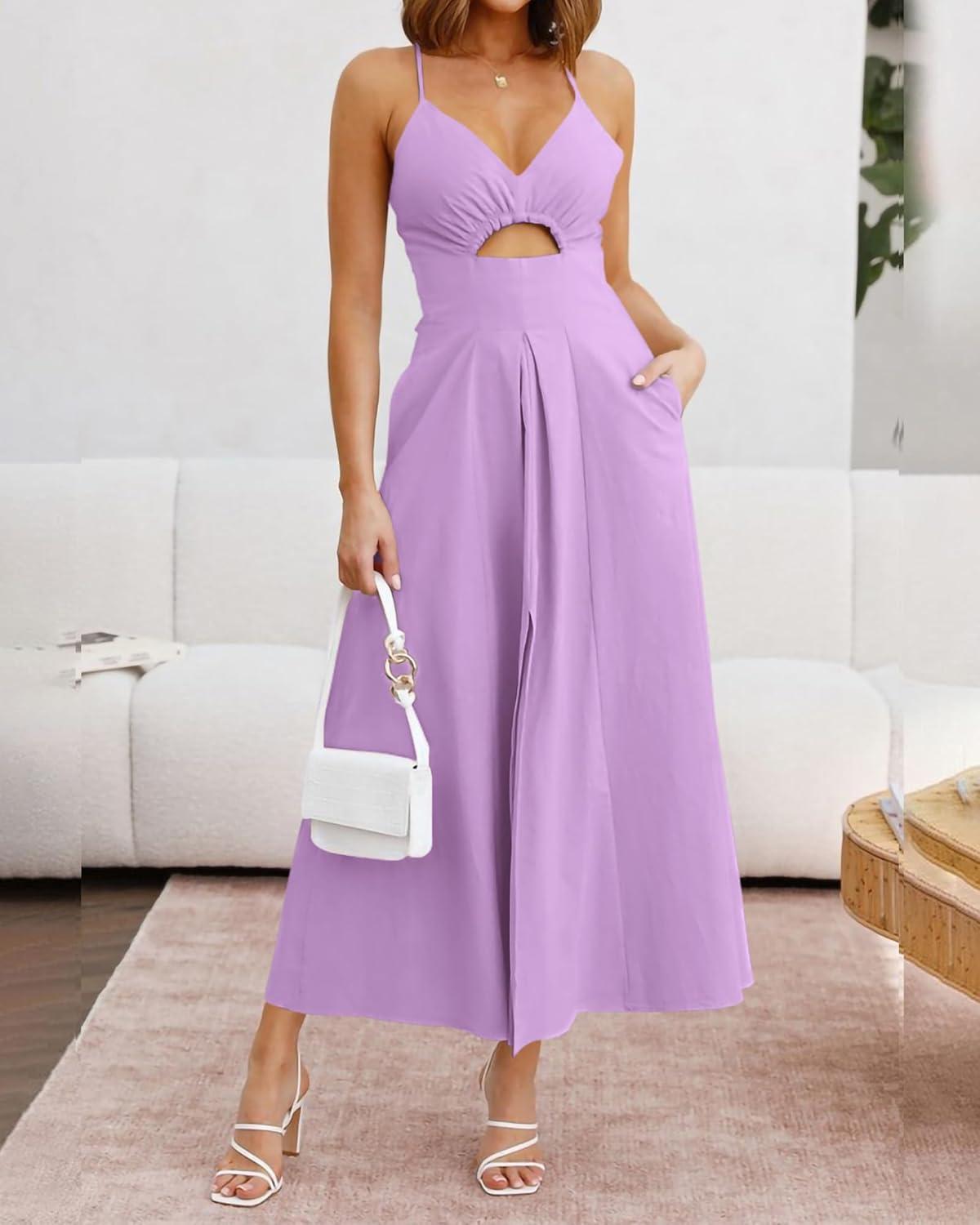 imageBTFBM Women 2026 Spaghetti Strap Midi Summer Dresses Sleeveless V Neck Cutout Slit Casual Beach Party Maxi Dress PocketsLight Purple