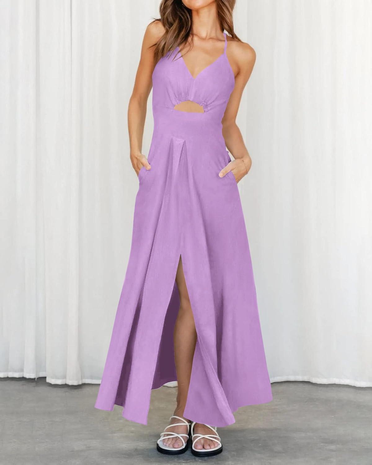 imageBTFBM Women 2026 Spaghetti Strap Midi Summer Dresses Sleeveless V Neck Cutout Slit Casual Beach Party Maxi Dress PocketsLight Purple