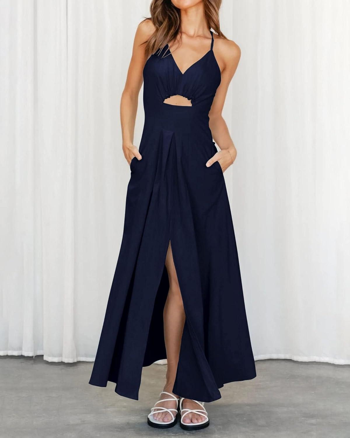 imageBTFBM Women 2026 Spaghetti Strap Midi Summer Dresses Sleeveless V Neck Cutout Slit Casual Beach Party Maxi Dress PocketsNavy