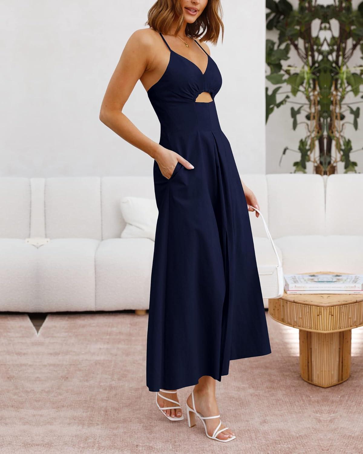 imageBTFBM Women 2026 Spaghetti Strap Midi Summer Dresses Sleeveless V Neck Cutout Slit Casual Beach Party Maxi Dress PocketsNavy