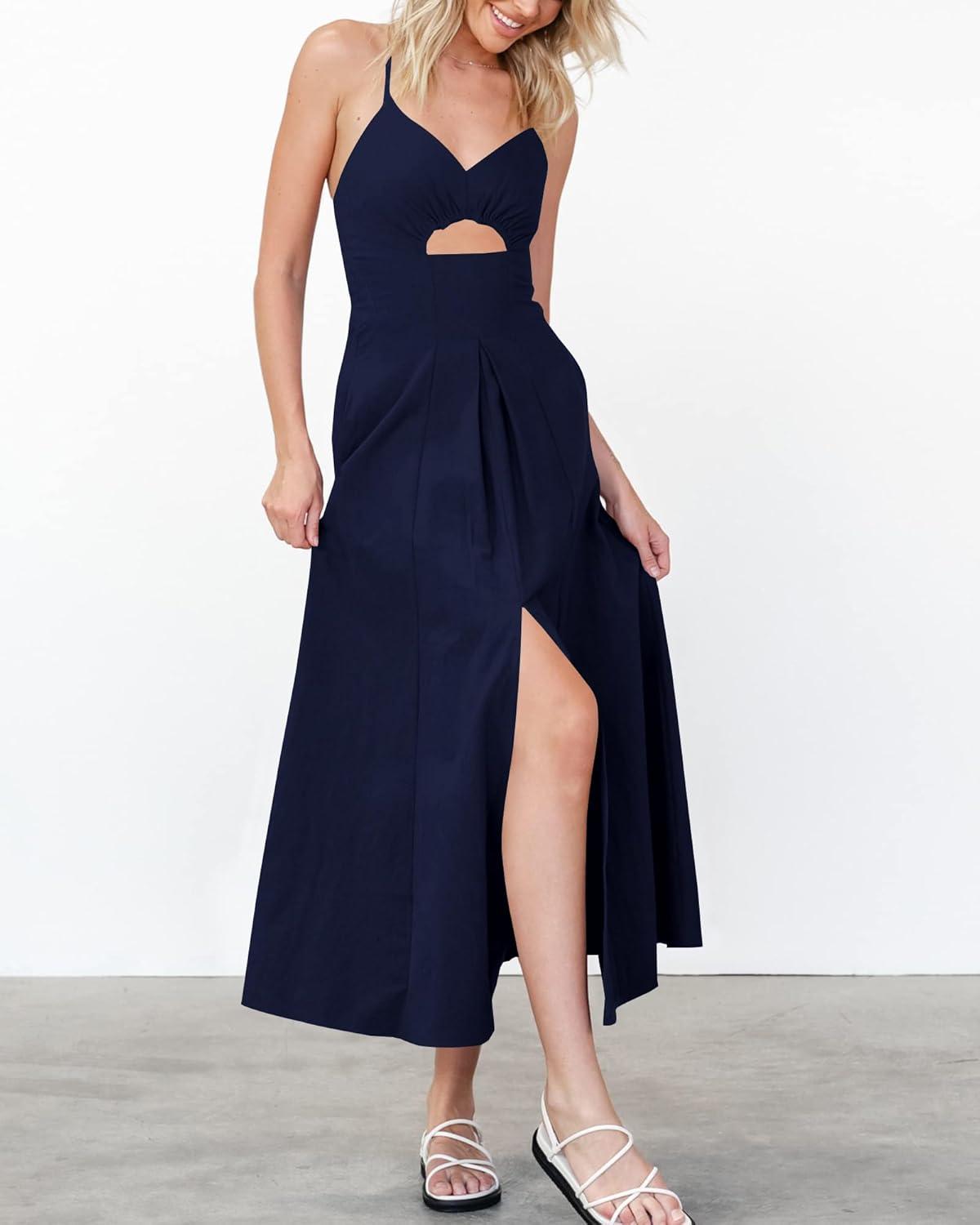 imageBTFBM Women 2026 Spaghetti Strap Midi Summer Dresses Sleeveless V Neck Cutout Slit Casual Beach Party Maxi Dress PocketsNavy