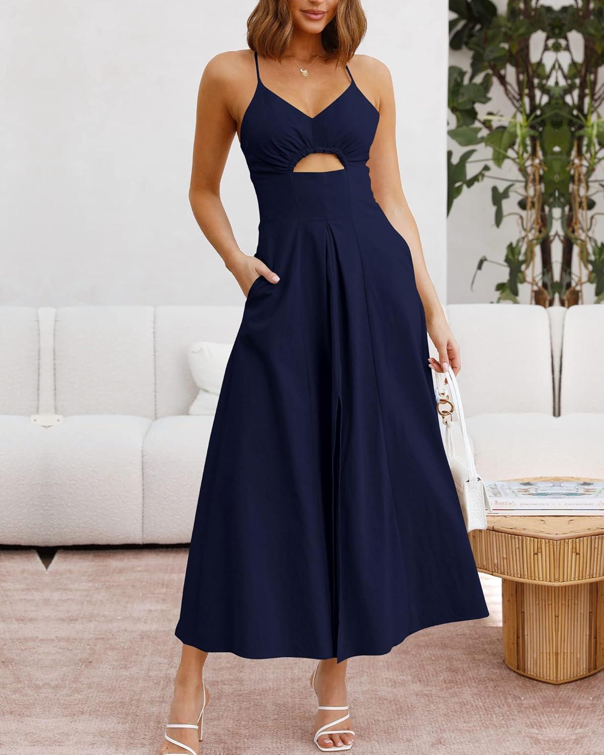 imageBTFBM Women 2026 Spaghetti Strap Midi Summer Dresses Sleeveless V Neck Cutout Slit Casual Beach Party Maxi Dress PocketsNavy