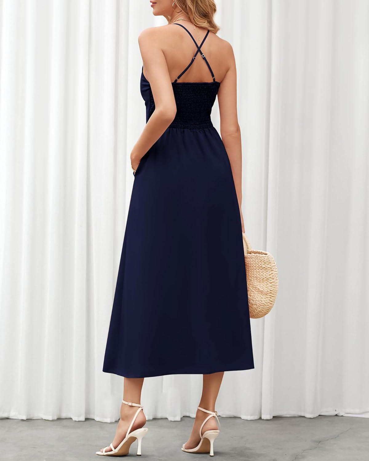 imageBTFBM Women 2026 Spaghetti Strap Midi Summer Dresses Sleeveless V Neck Cutout Slit Casual Beach Party Maxi Dress PocketsNavy