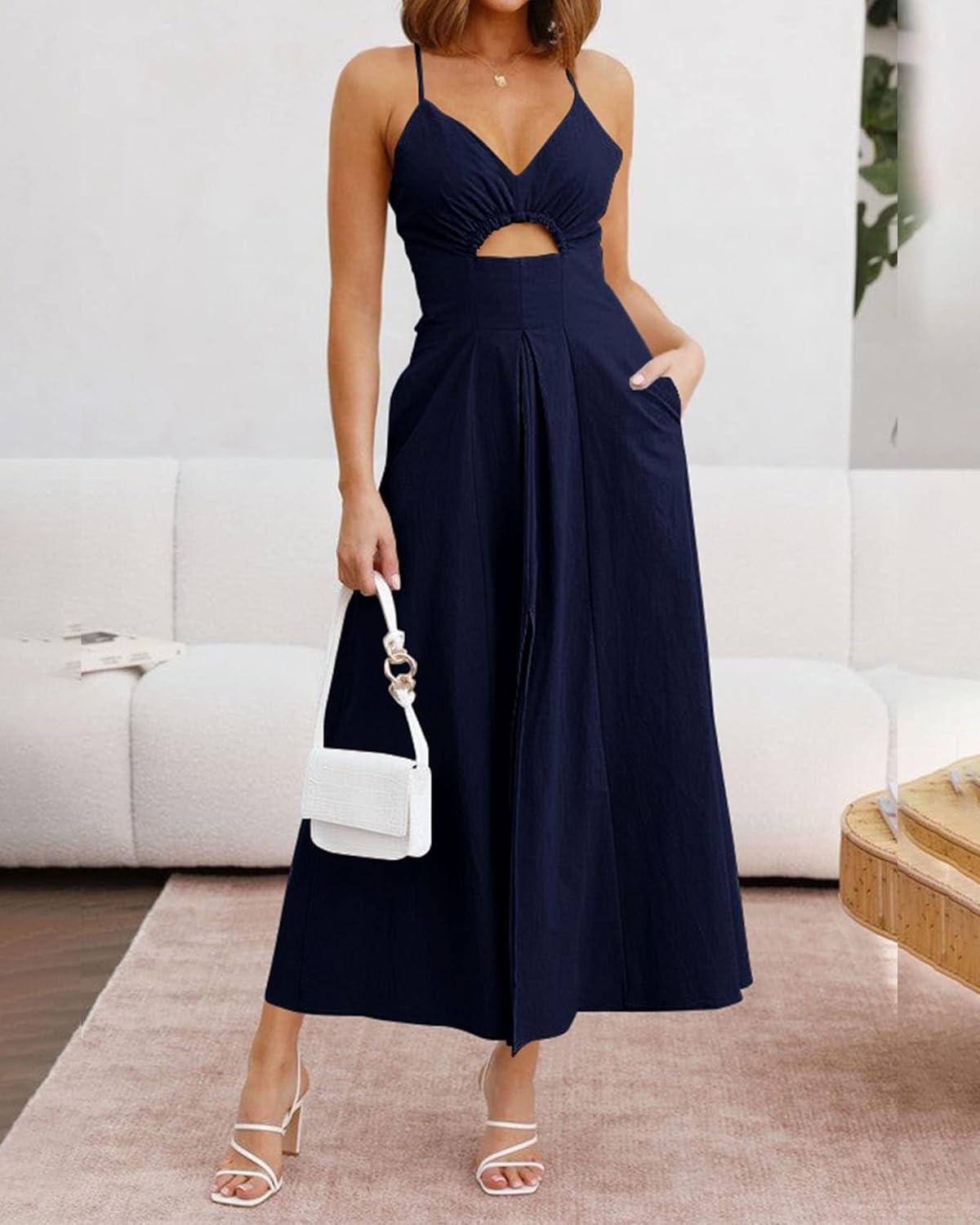 imageBTFBM Women 2026 Spaghetti Strap Midi Summer Dresses Sleeveless V Neck Cutout Slit Casual Beach Party Maxi Dress PocketsNavy
