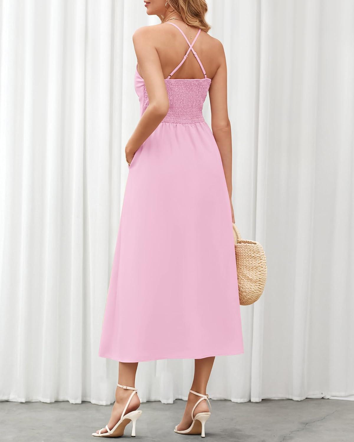 imageBTFBM Women 2026 Spaghetti Strap Midi Summer Dresses Sleeveless V Neck Cutout Slit Casual Beach Party Maxi Dress PocketsPink