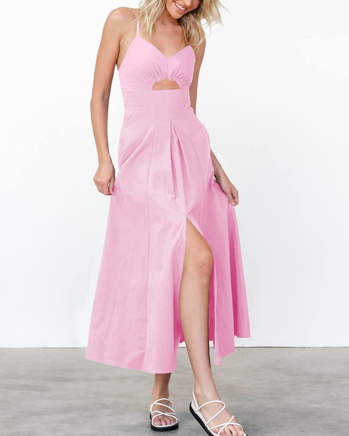 imageBTFBM Women 2026 Spaghetti Strap Midi Summer Dresses Sleeveless V Neck Cutout Slit Casual Beach Party Maxi Dress PocketsPink