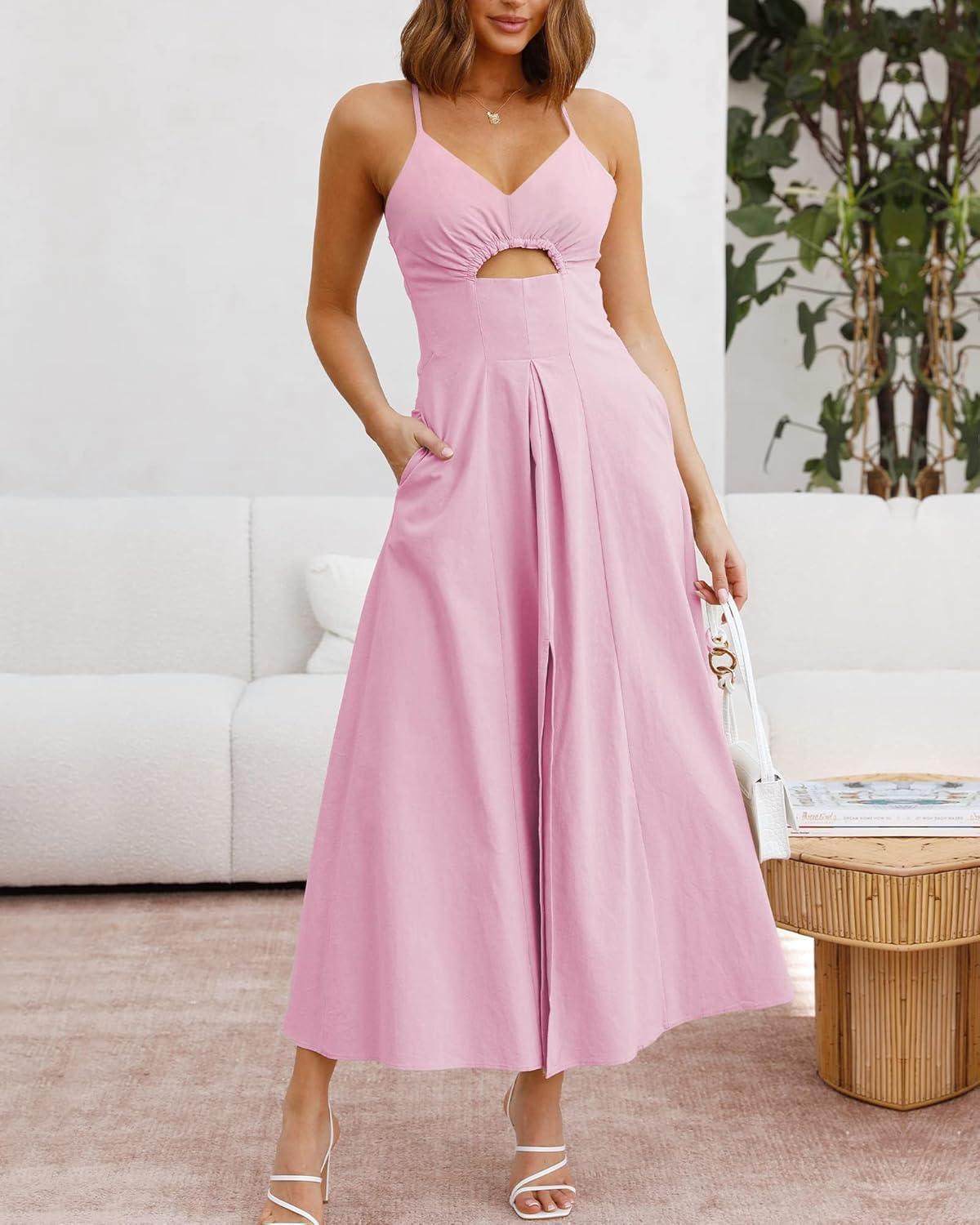 imageBTFBM Women 2026 Spaghetti Strap Midi Summer Dresses Sleeveless V Neck Cutout Slit Casual Beach Party Maxi Dress PocketsPink